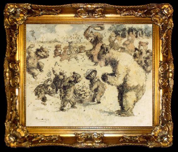 framed  William Francis Ver Beck Bears gathering honey surrounded by swarming bees, ta009-2